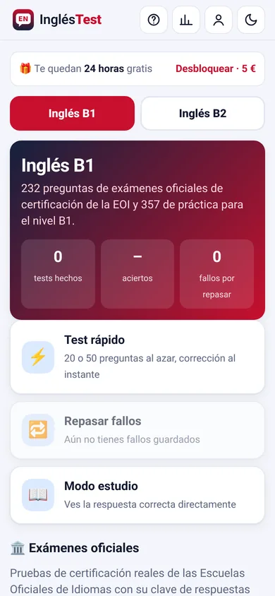 Inicio de InglésTest con las secciones Exámenes oficiales y Práctica