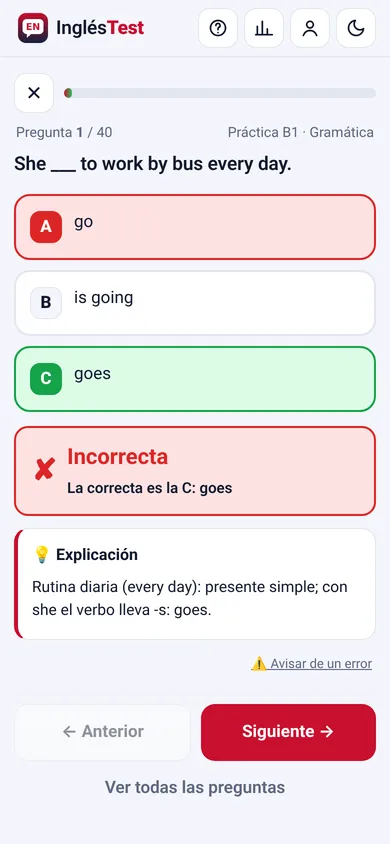 Pregunta de práctica corregida con explicación en español